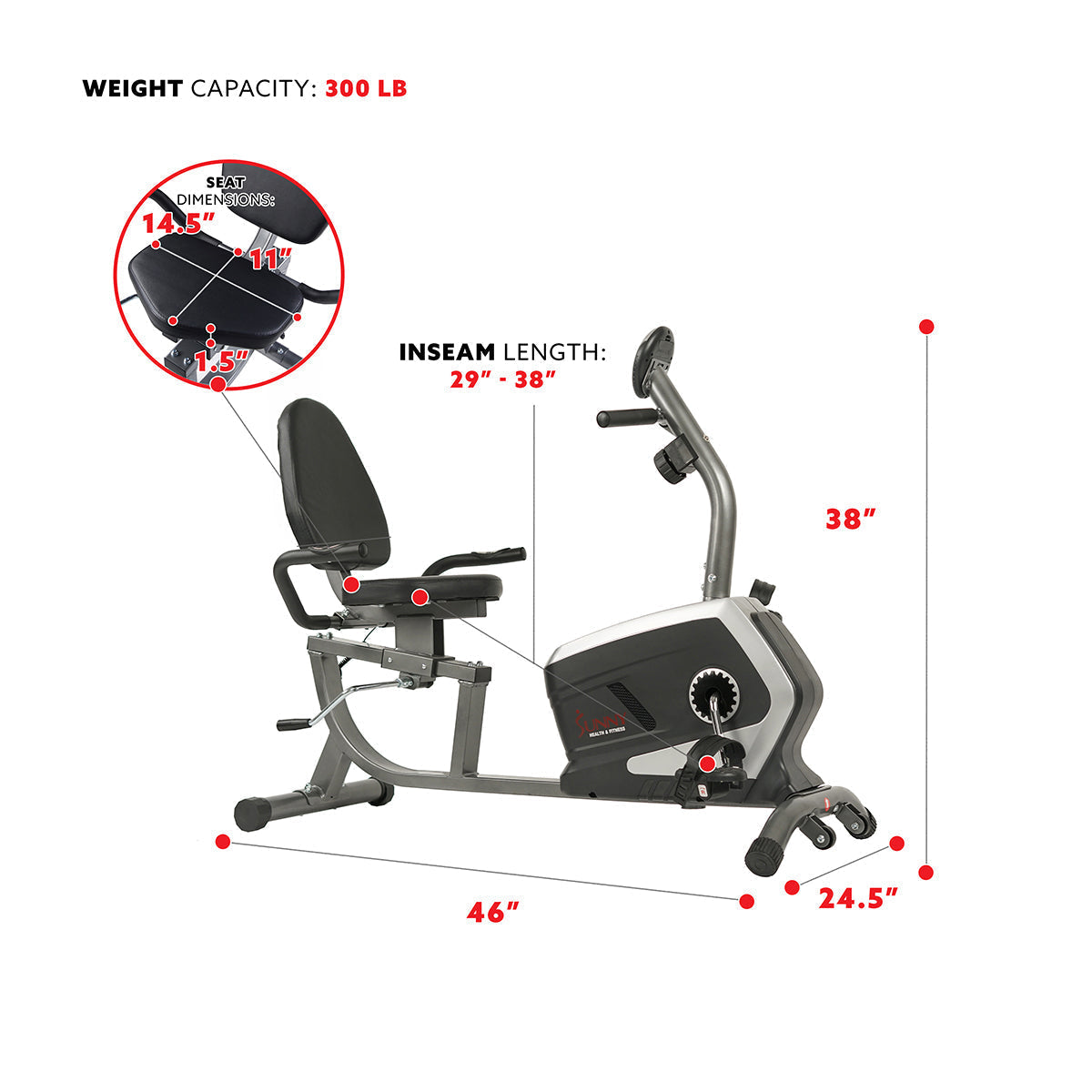 Magnetic Recumbent Exercise Bike, 300 lb Capacity & Easy Adjustable Seat