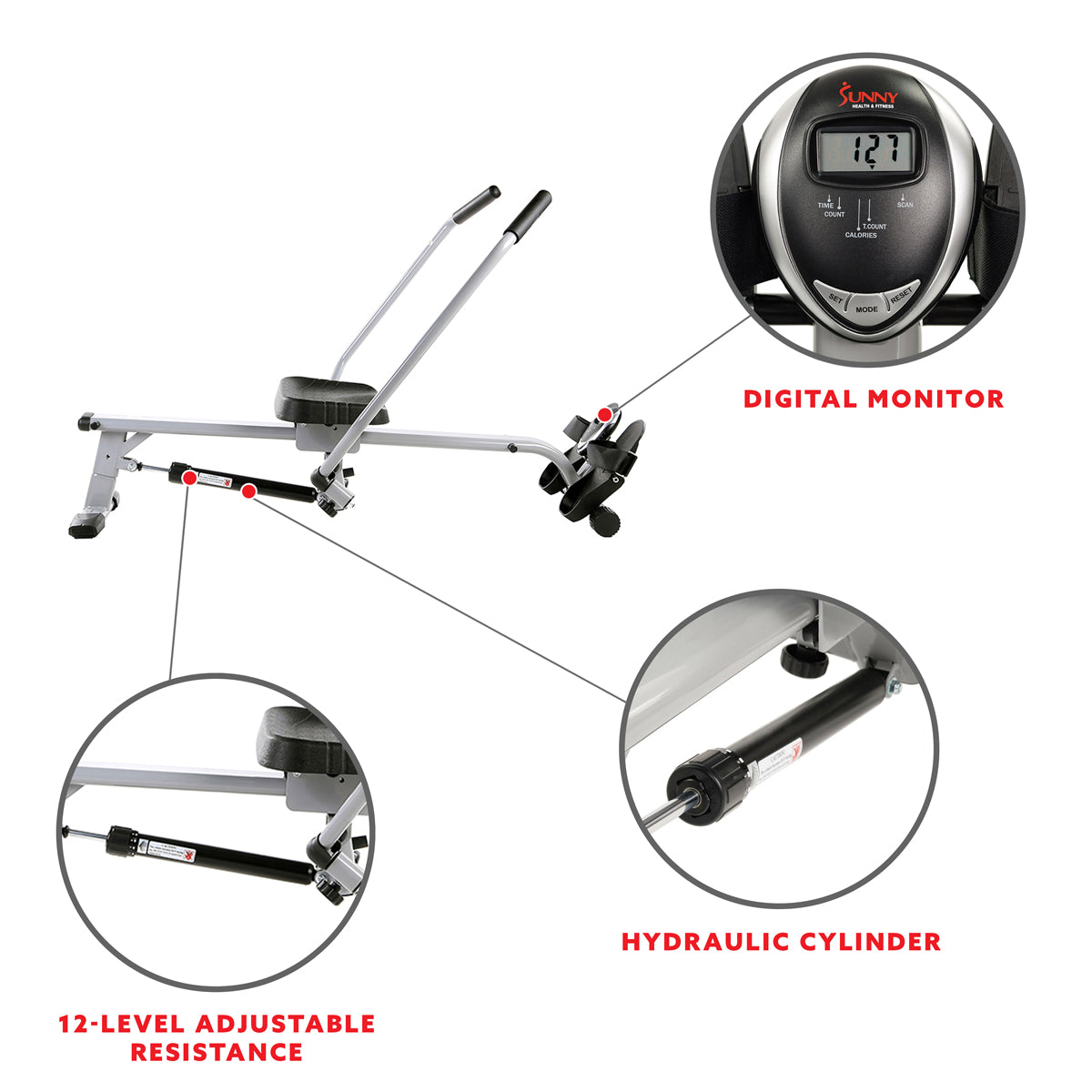 Full Motion Rowing Machine Rower w/ 350 lb Weight Capacity and LCD Monitor