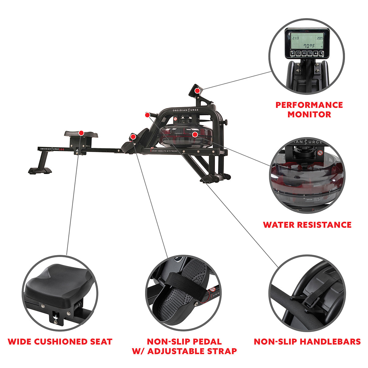 Obsidian Surge Water Rowing Machine Rower w/ LCD Monitor